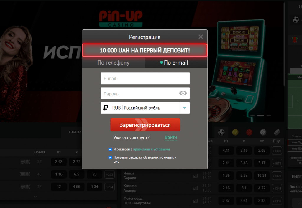 Окно для ввода логина и пароля при регистрации в Pin Up Casino